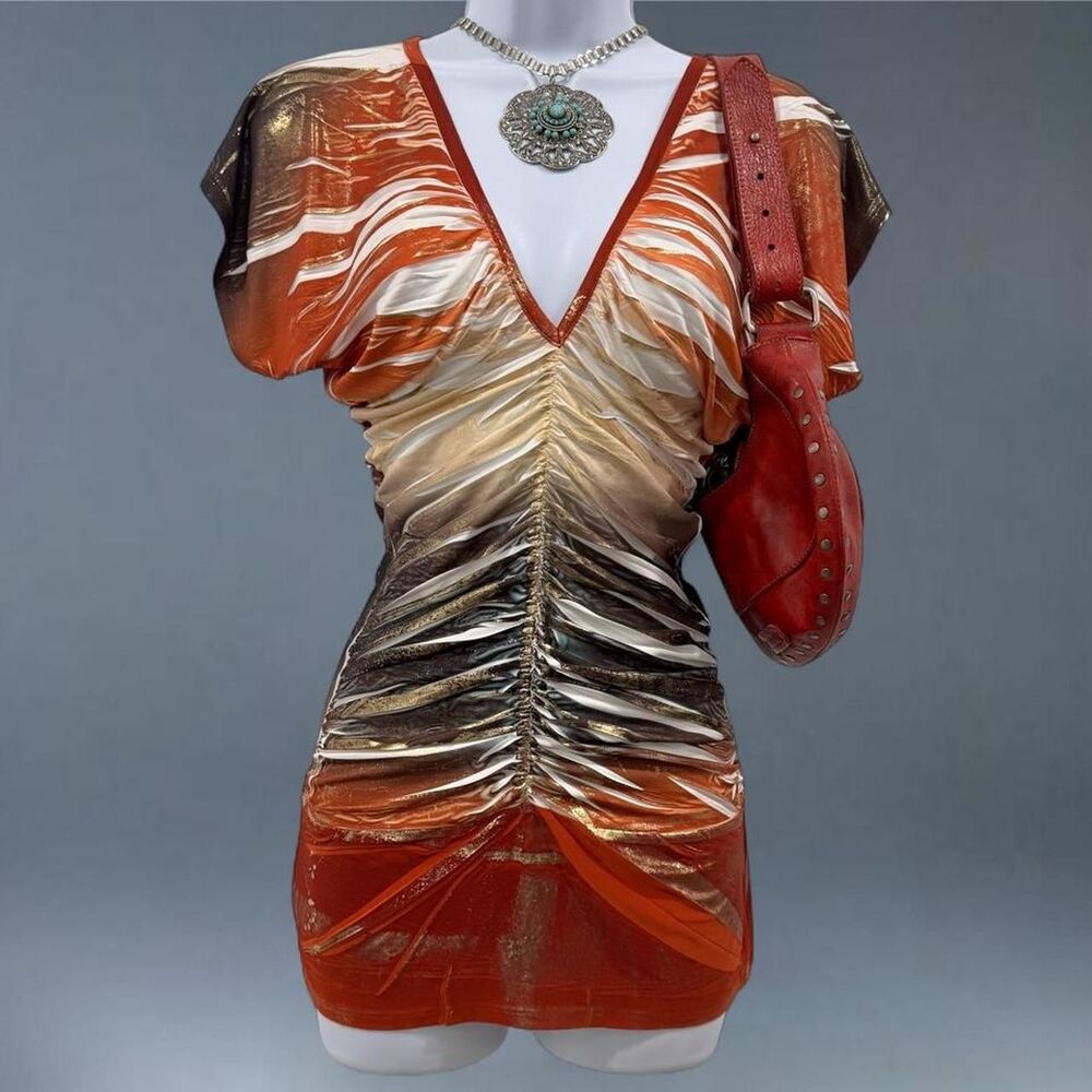 y2k abstract metallic ruched top daytrip size small clubbing beach sexy